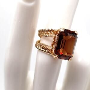 Vintage Dark Topaz Glass Ring, Emerald Cut, US Size 5, Open Back